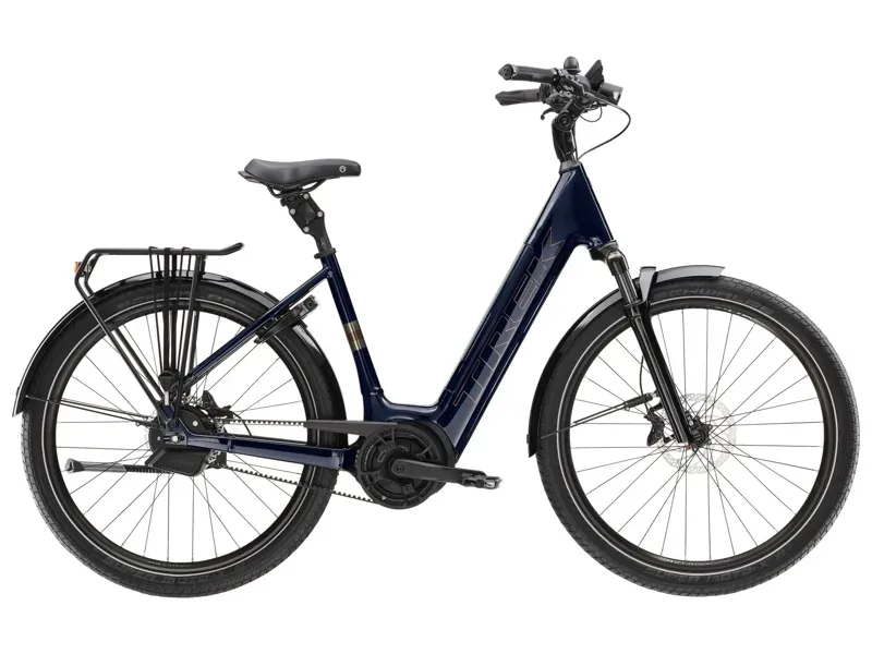 Trek District+ 5 Lowstep 725wh Electric City Bike in Blue