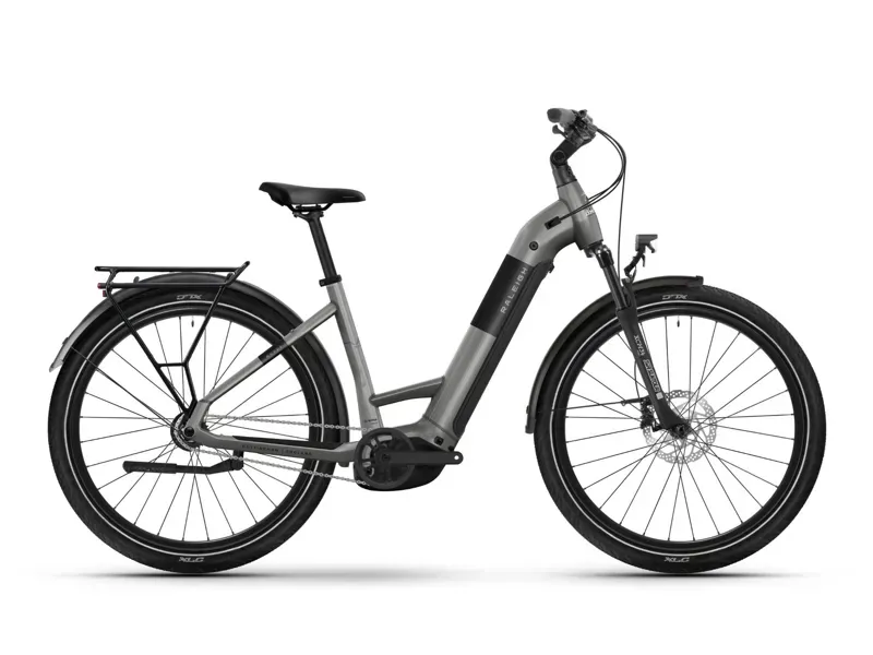 Raleigh Novus Hub Lowstep Electric Bike in Platinum Chrome Gloss